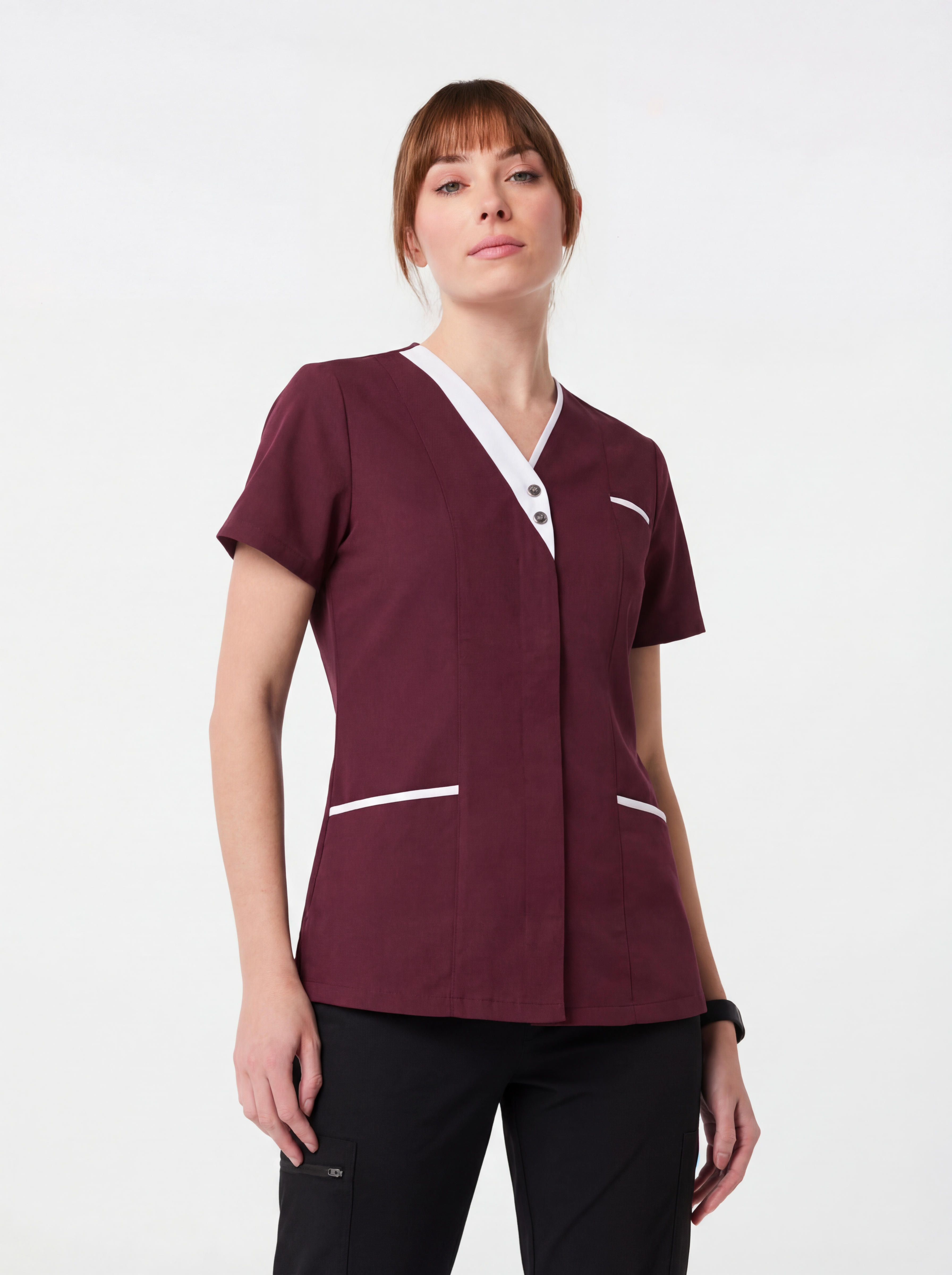Burgundy V-Neck Beauty Tunic with White Trim
